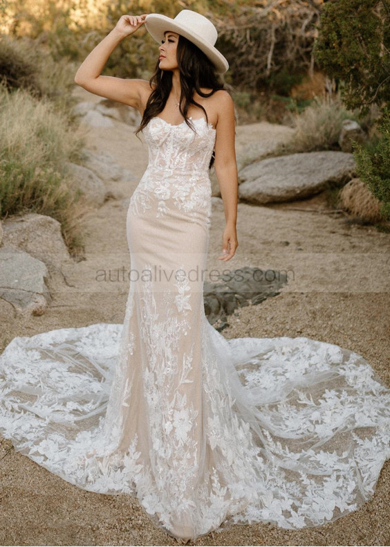 Strapless Ivory Lace Dotted Tulle Dazzling Wedding Dress